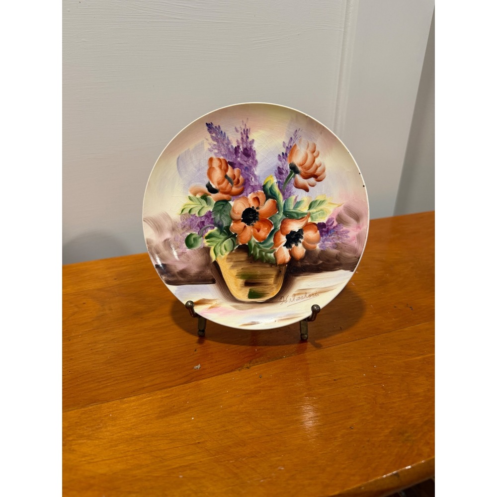 Vintage H. Iwahori Hand Painted Floral Decorative Plate Orange Poppies Signed